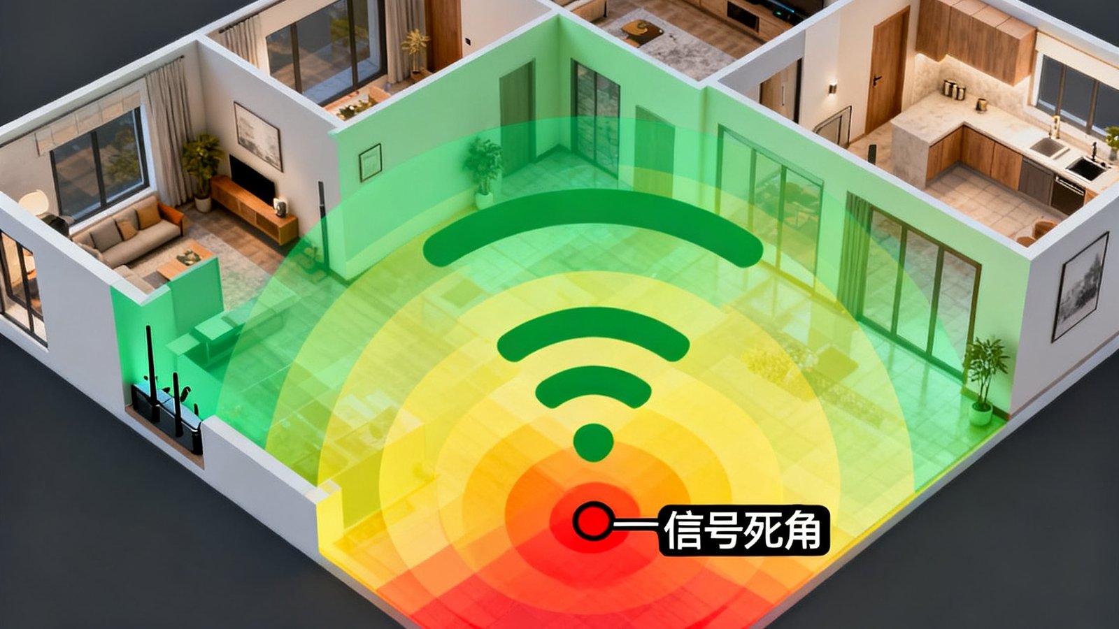 家庭户型图上叠加Wi-Fi信号强度热力覆盖分析，标注信号死角位置