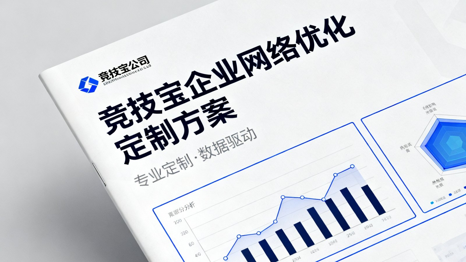 竞技宝为企业客户出具的网络优化定制方案报告封面，印有详细的数据分析图表