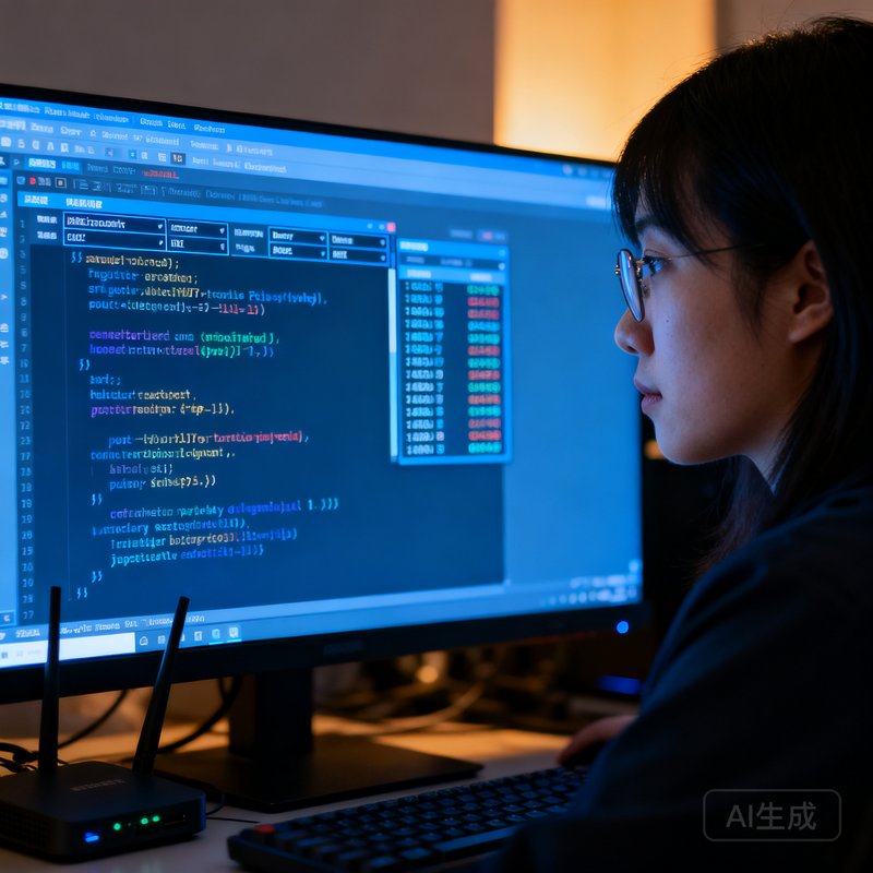 安全研究员林晓雯在分析最新的路由器固件漏洞代码，屏幕上显示着反汇编界面